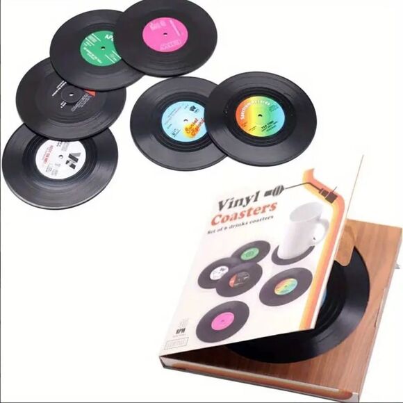 Retro Mini Vinyl Record Coaster Set of Six Trendy Preppy Music Album New - Picture 1 of 4
